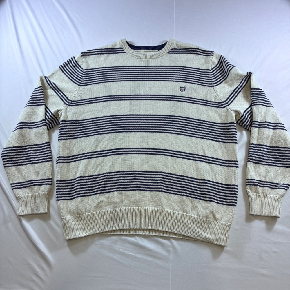 Chaps Mens XL Striped Crewneck Sweater Navy Blue Cream Y2K Knit Pullover